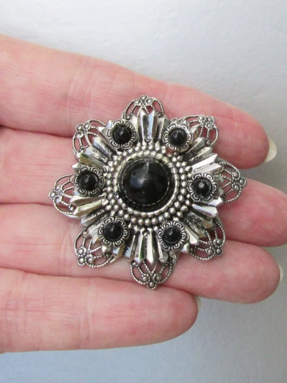 Vintage Silver-Tone Filigree & Black Glass Flower Brooch Pin